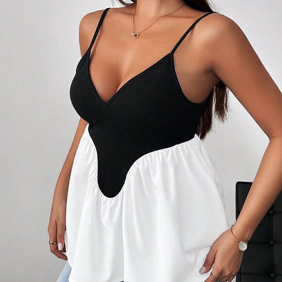 Black and White Casual Women's Contrast Color Deep V-Neck Cami Top - Picture 6 of 6